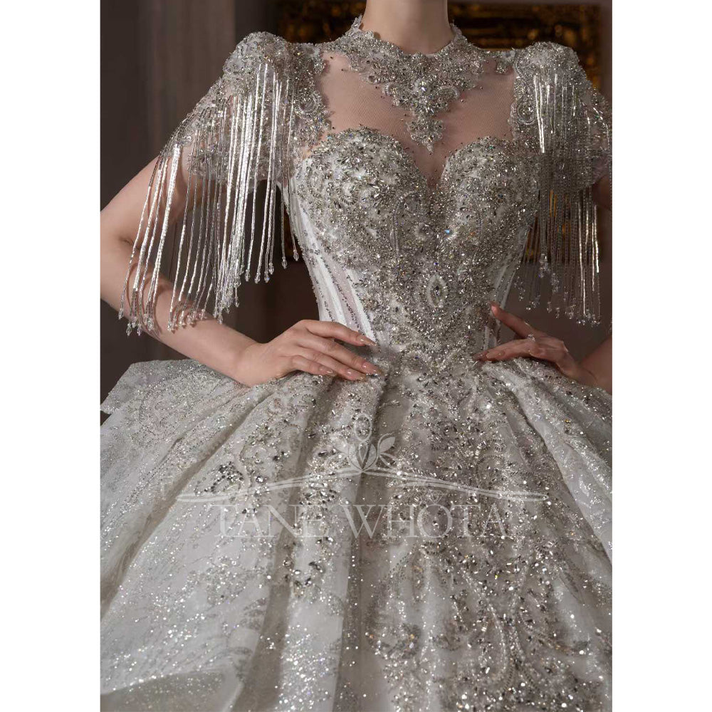 TW659 Civil Wedding Dress O-Neck Short Sleeve Lace Up Keyhole Back Beaded Sequined Crystal Customized Luxury Bridal Gown