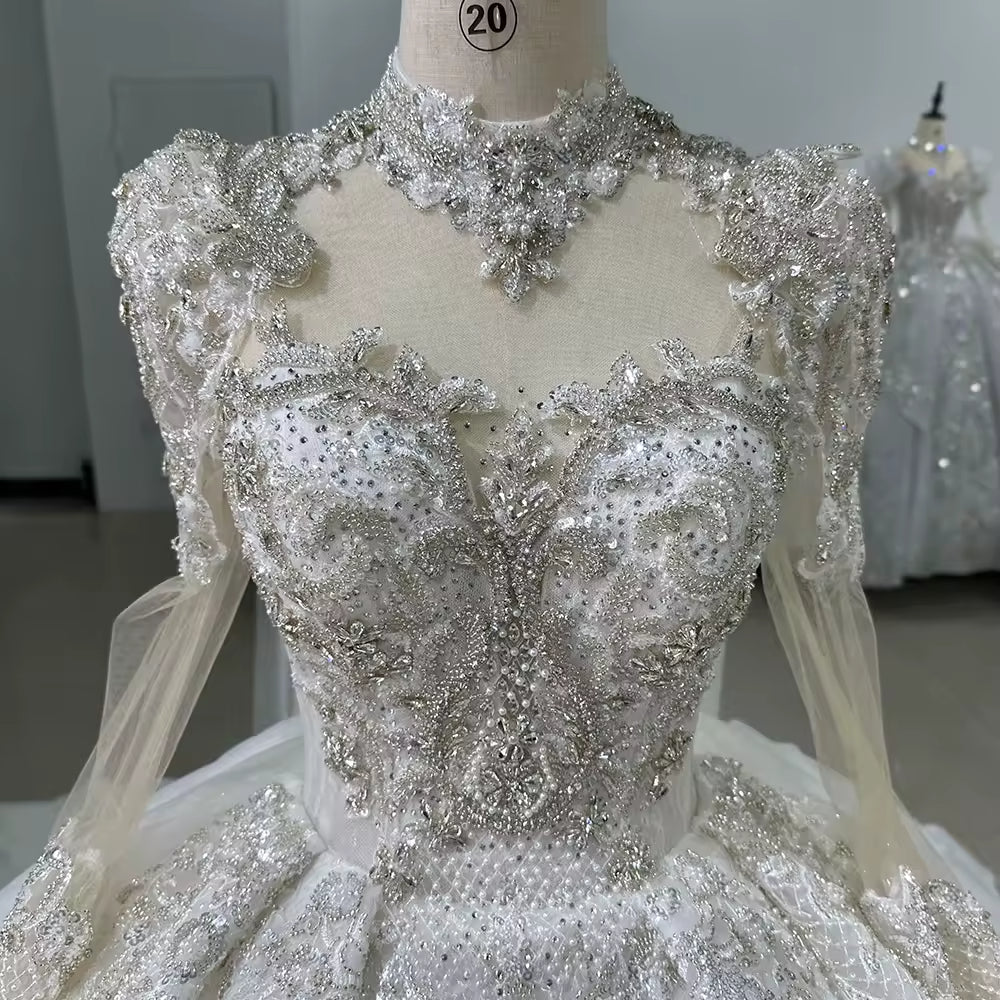 TW167 White Wedding Dress Long Sleeve Sweetheart Wedding Dress Button Back Ball Gown Sequined Beading Embroidery Bridal Dress