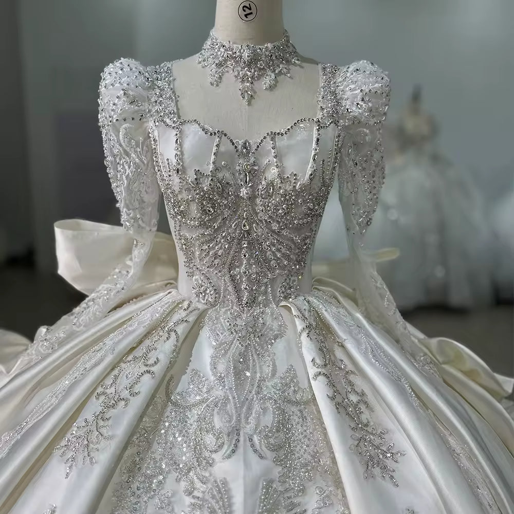 TW177 Vestido Casamento Noiva Civil Ball Gown Square Collar Long Sleeve Lace Up Back Beading Crystal Bow Customized Wedding Dress