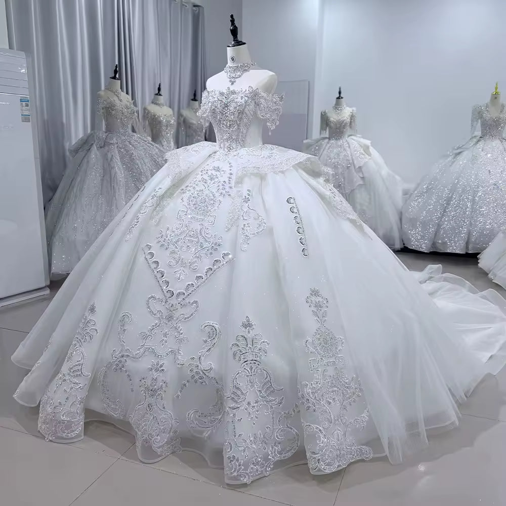TW110 Off White Wedding Dress Off The Shoulder Lace Up Back Sequined Beading Embroidery Ball Gown Bridal Dress