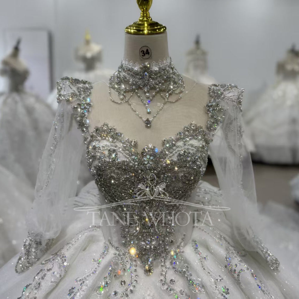 TW432 O-Neck Long Sleeve Lace-Up Back Ball Gown Bridal Dress Sequined Crystal Beading Customizable Luxury Wedding Dress