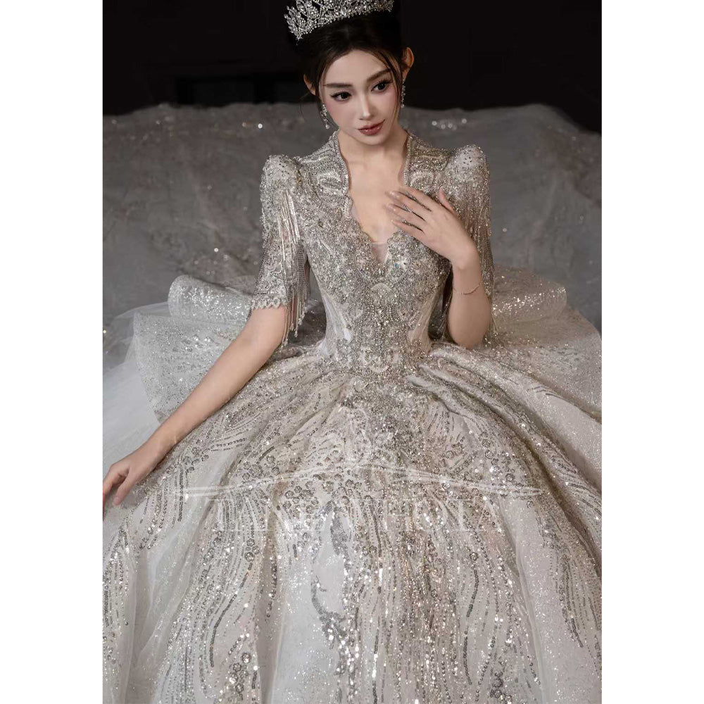 TW674 Sexy Scalloped Short Sleeve Beaded Sequined Ball Gown Wedding Dress Civil Ceremony Robe Customized Mariée