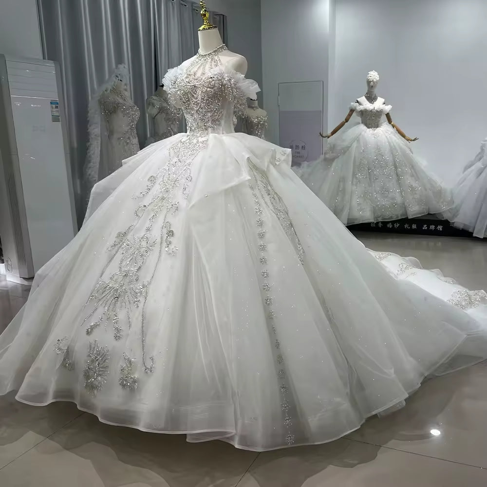 TW134 Vestido Novia 2025 Wedding Ball Gown Dress Halter Lace Up Back Beading Crystal Pearls Wedding Dress