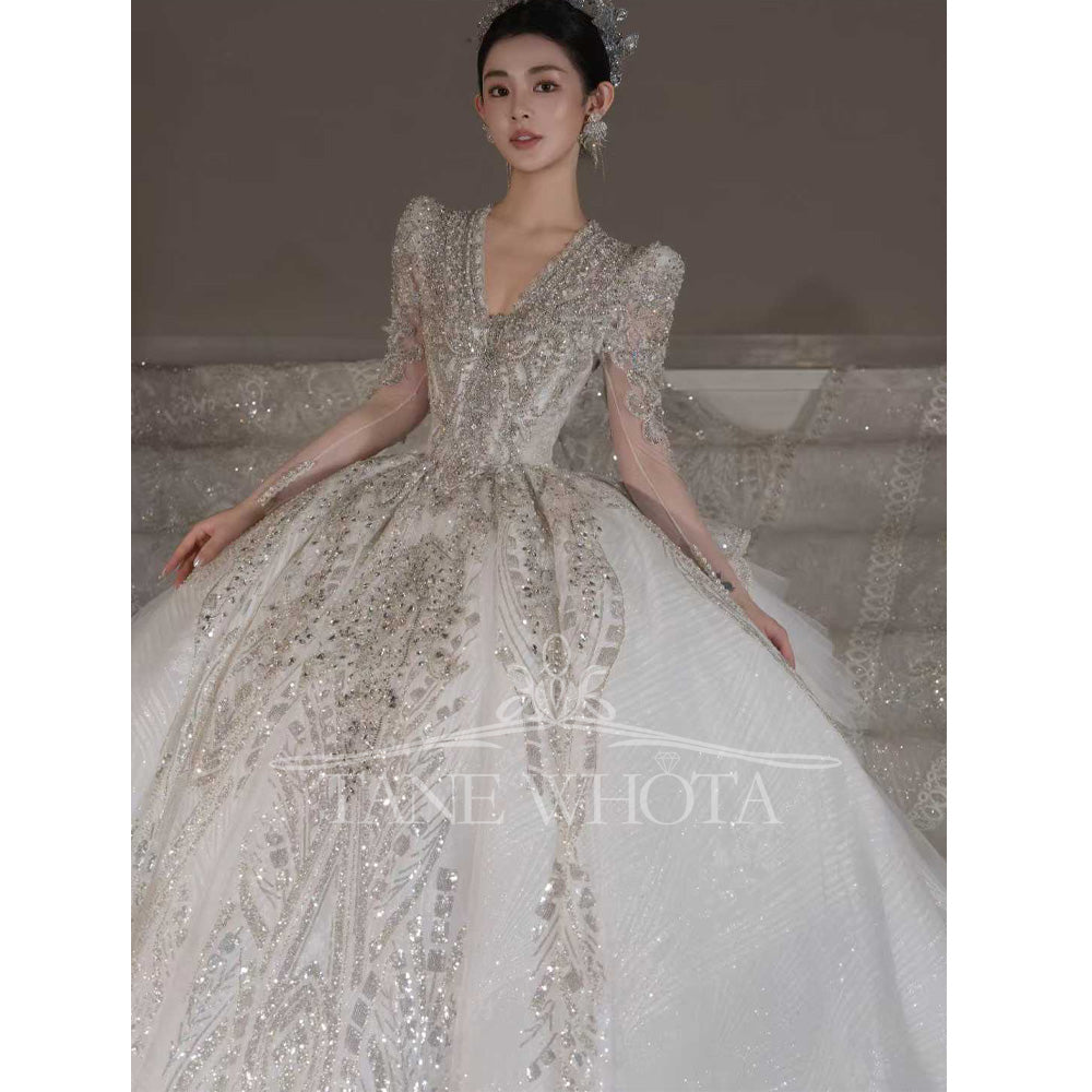 TW666 V-Neck Long Sleeve Wedding Dress Lace Up Keyhole Back Beaded Sequined Ball Gown Customized Elegant Vestidos De Boda