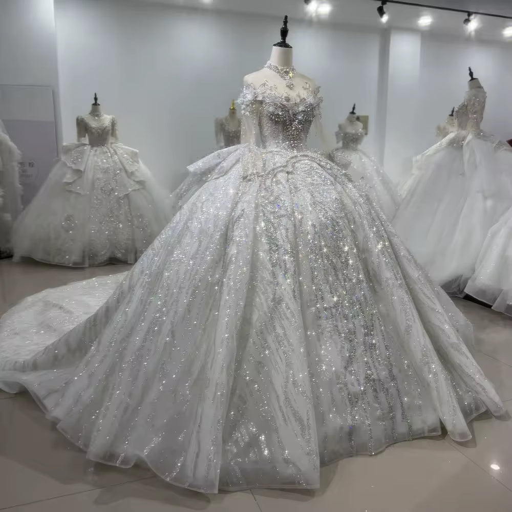 TW102 Robes De Mariage 2025 Long Sleeve O Neck Wedding Dress Lace Up Keyhole Back Ball Gown Beading Crystal Bridal Dress