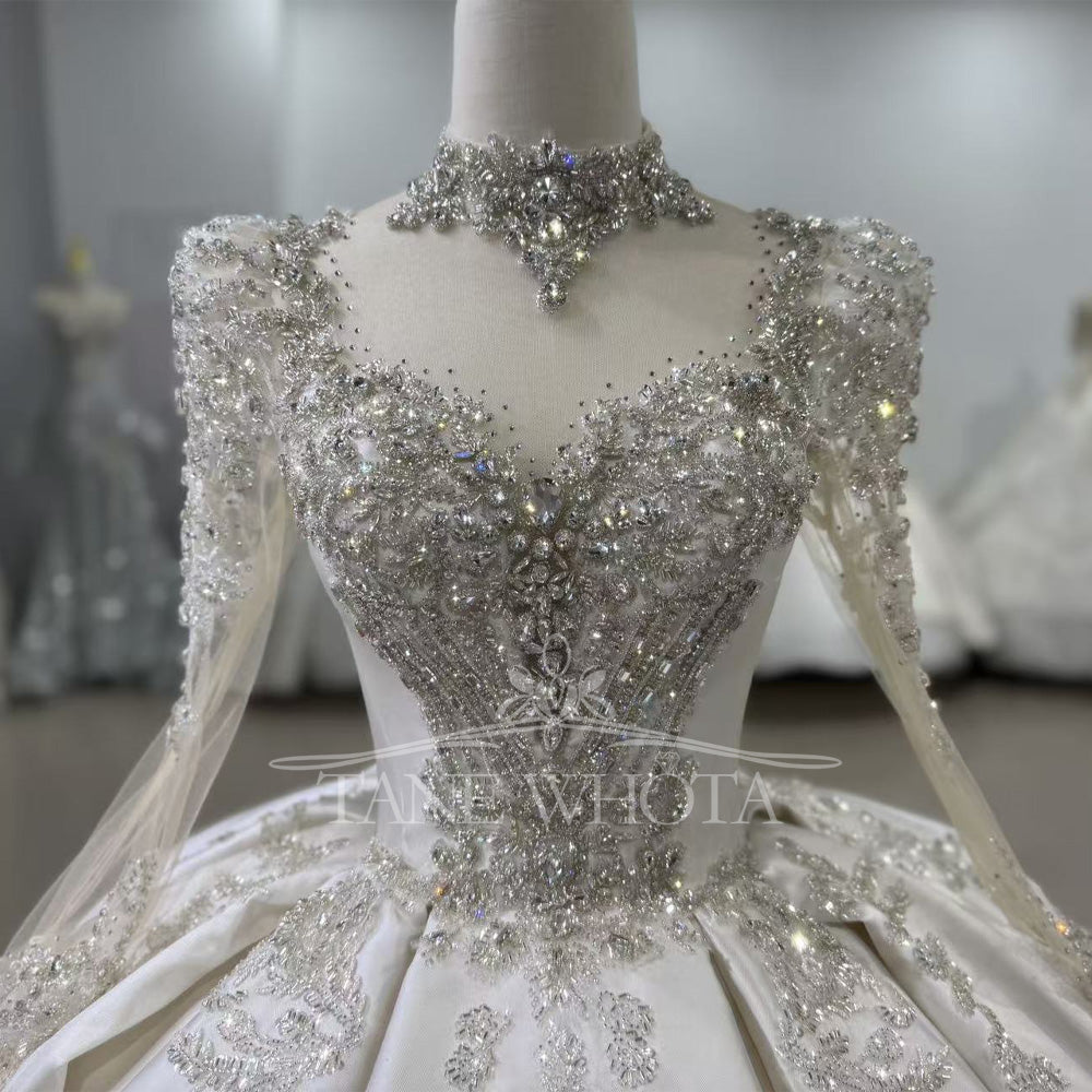 TW617 High Long Sleeve Crystal Sequined Wedding Dress With Lace-Up Keyhole Back Customized Ball Gown For Brides