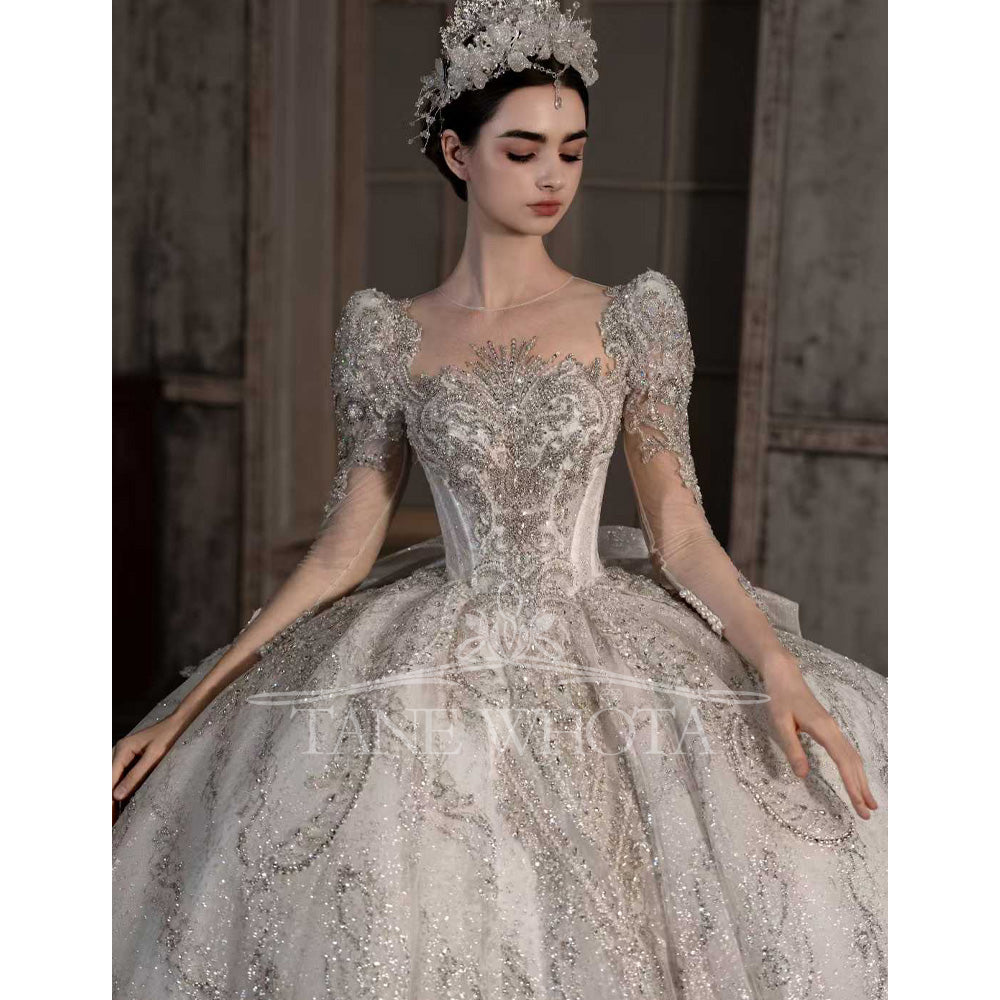 TW545 Luxury High Long Sleeve Lace Wedding Dress Beading Sequined Brides Customizable