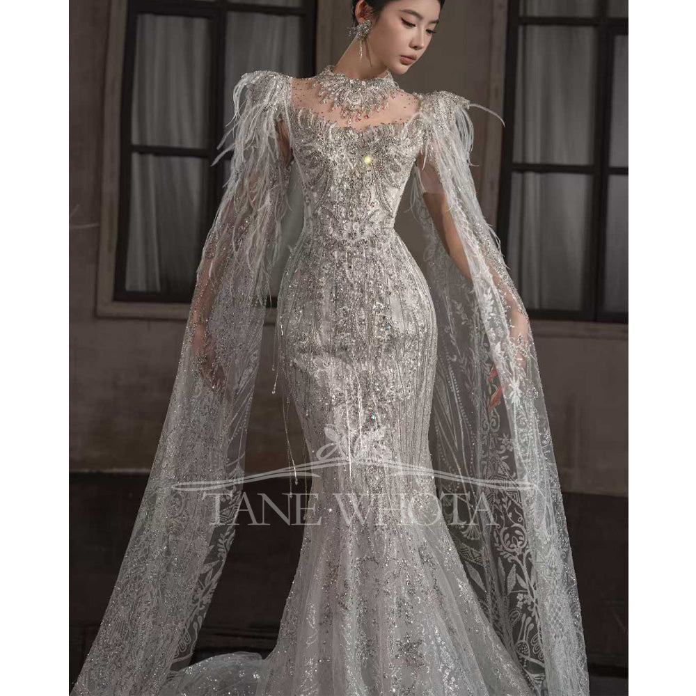 TW661 Sexy O-Neck Cap Sleeve Wedding Dress Lace-Up Keyhole Back Sequined Tassel Feathers Customized Sheath Gown For Women