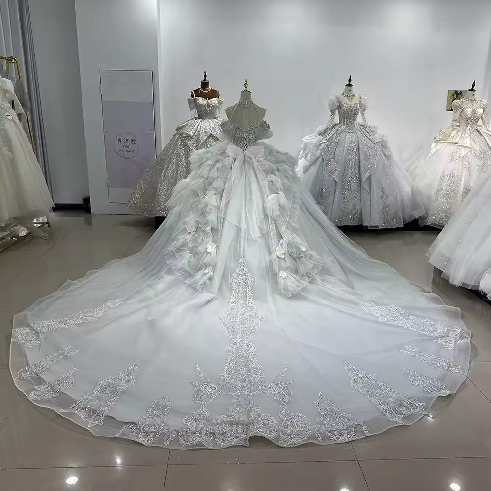 TW170 Brautkleider High Off Shoulder Lace Up Back Wedding Dress Embroidery Beading Sequined Crystal Ball Gown Customized Bridal Dress