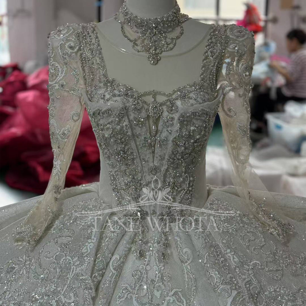 TW418 Vestido De Noiva Long Sleeve Ball Gown Lace up Trend Luxury Crystal Lace Wedding Dress for Brides