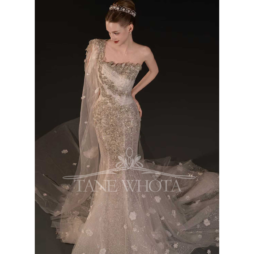 TW740 Sexy One-Shoulder Beaded Crystal Sequined Wedding Dress Customized Fit Sheath Gown For Women