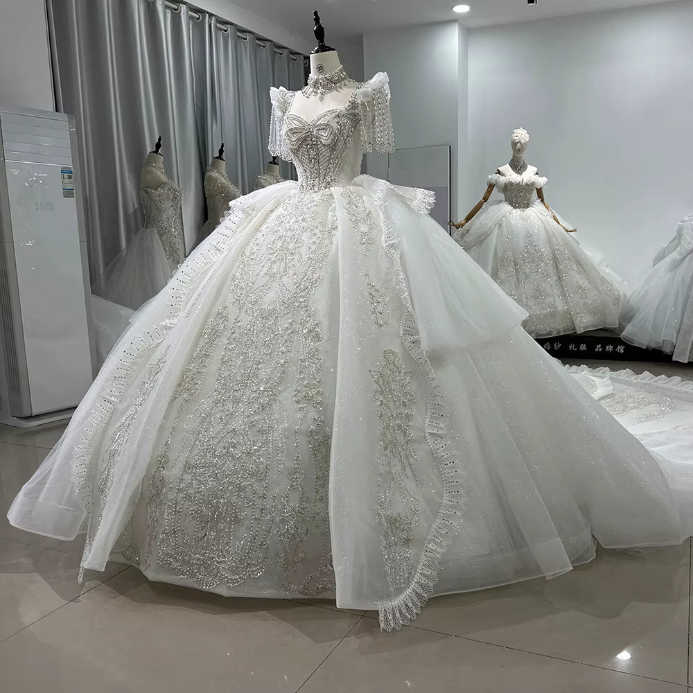 TW162 Robe Mariage 2025 Half Sleeve Sweetheart Lace Up Back Wedding Dress Bow Beading Sequined Star Crystal Ball Gown Bridal Dress