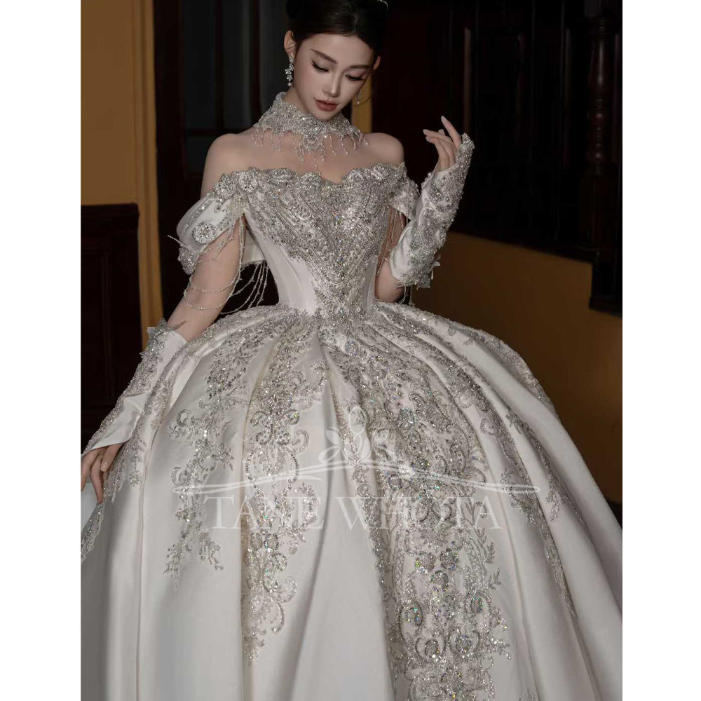 TW672 Sweetheart Off-Shoulder Beaded Sequined Ball Gown Wedding Dress - Customizable Sexy Bridal Gown