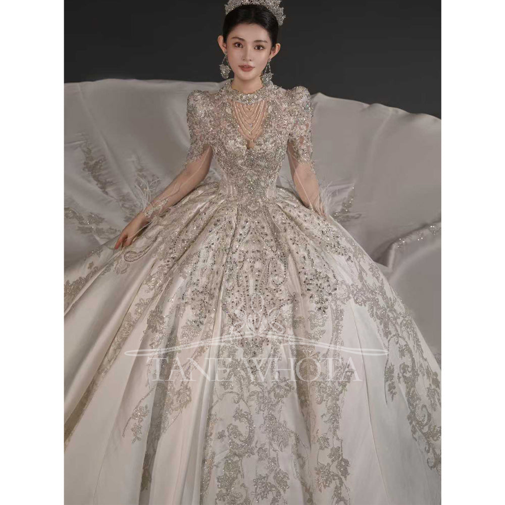 TW663 Luxury O-Neck Long Sleeve Beaded Sequined Ball Gown Wedding Dress Customized Vestido Noiva Casamento