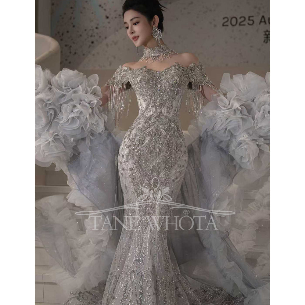 TW669 Customizable Sweetheart Off-Shoulder Wedding Dress Beading Crystal Sequined Tassel Sheath Style Boda Vestido De Novia