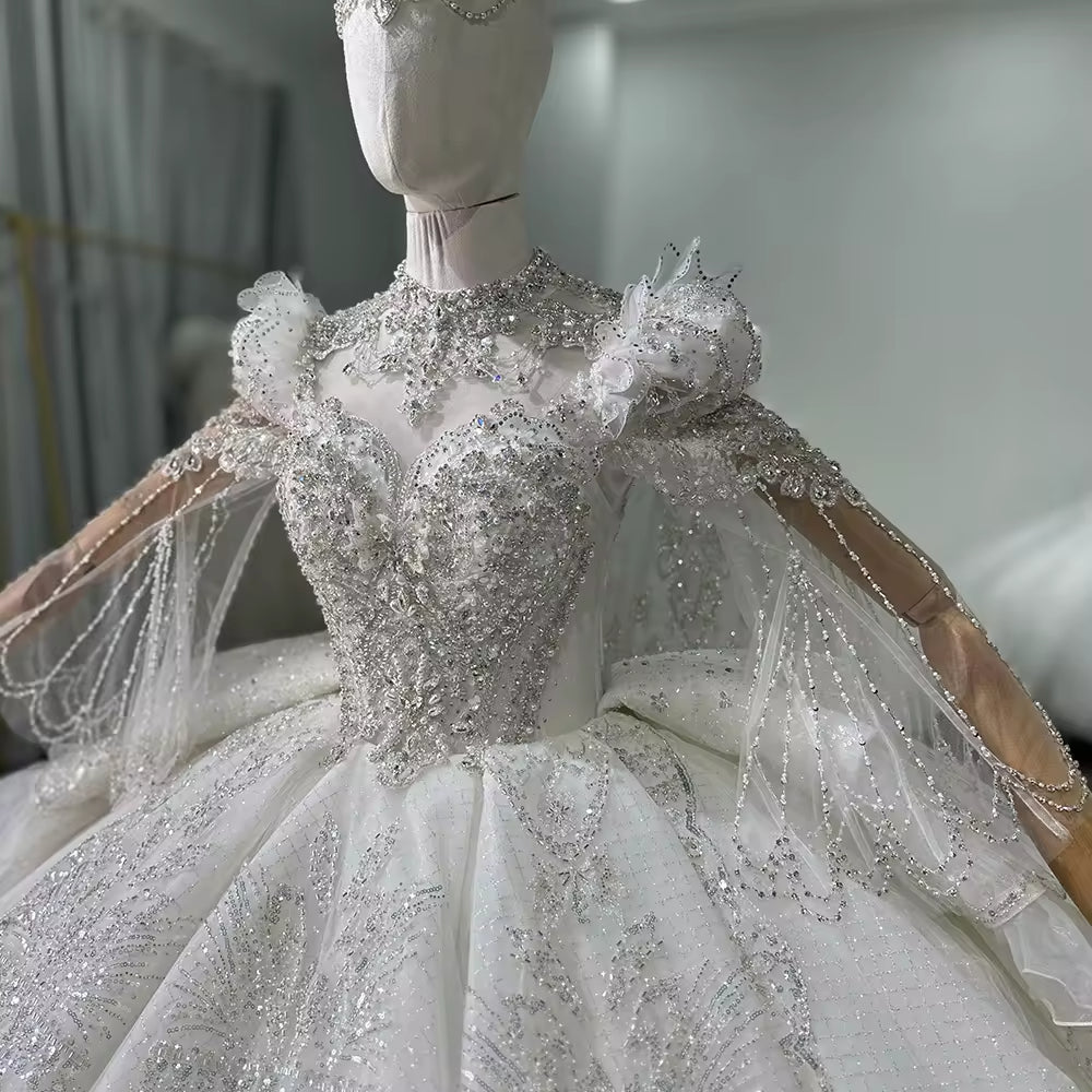 TW140 Vestido Novia Civil High Flare Sleeve Wedding Dress Lace Up Keyhole Back Beading Crystal Ball Gown Bridal Dress