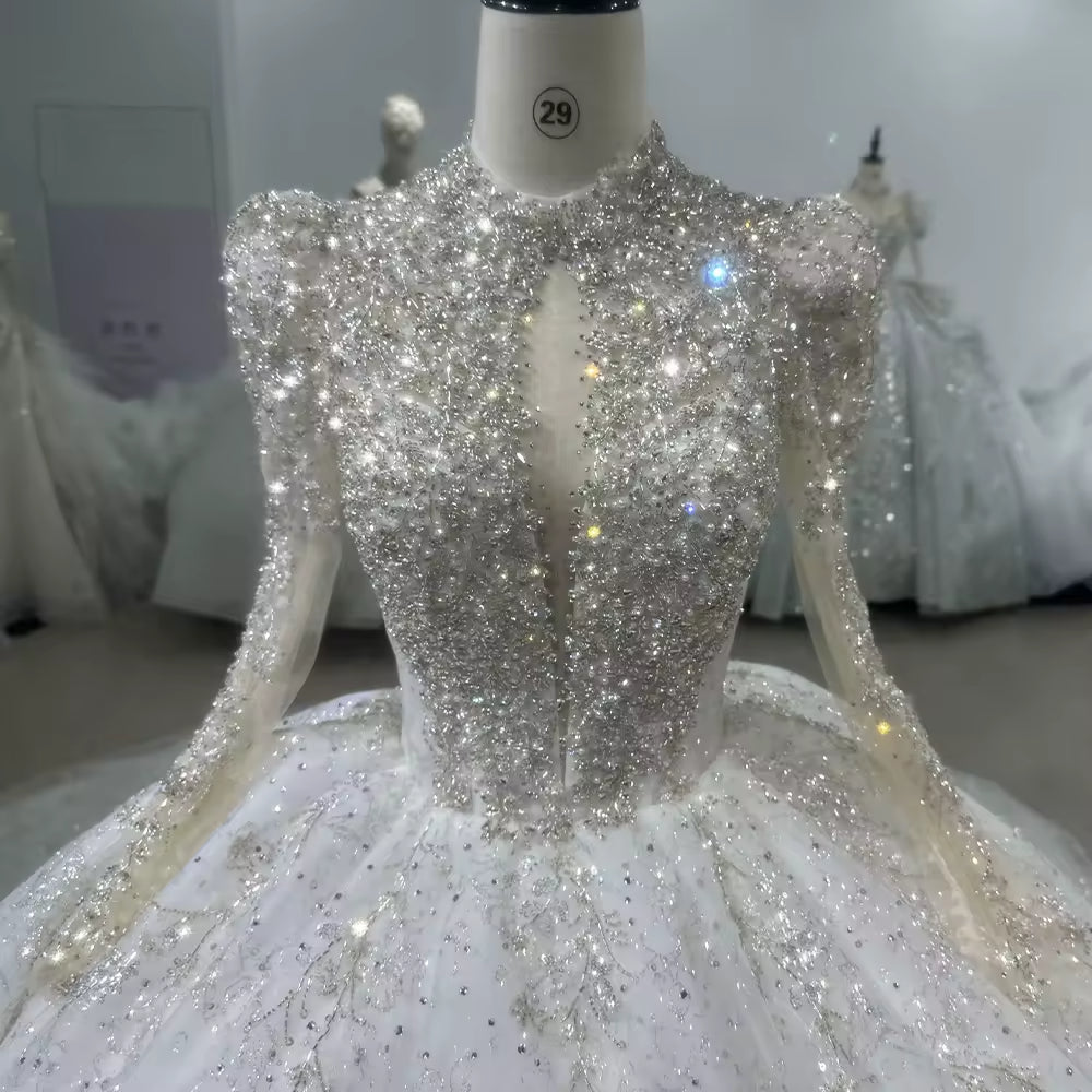 TW160 Wedding Dress High Neck Long Sleeve Lace Up Keyhole Back Wedding Dress Beading Sequins Star Ball Gown Bridal Dress