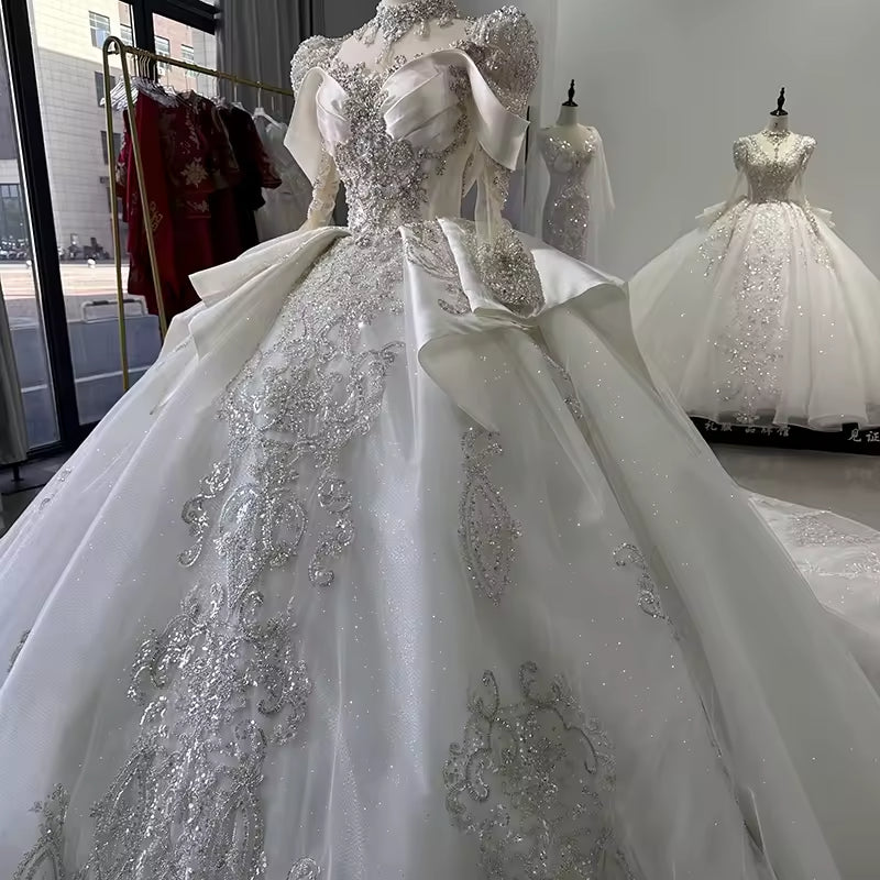 TW141 Long Sleeve Sweetheart Lace Up Back Wedding Dress Bow Beading Sequined Star Crystal Ball Gown Bridal Dress
