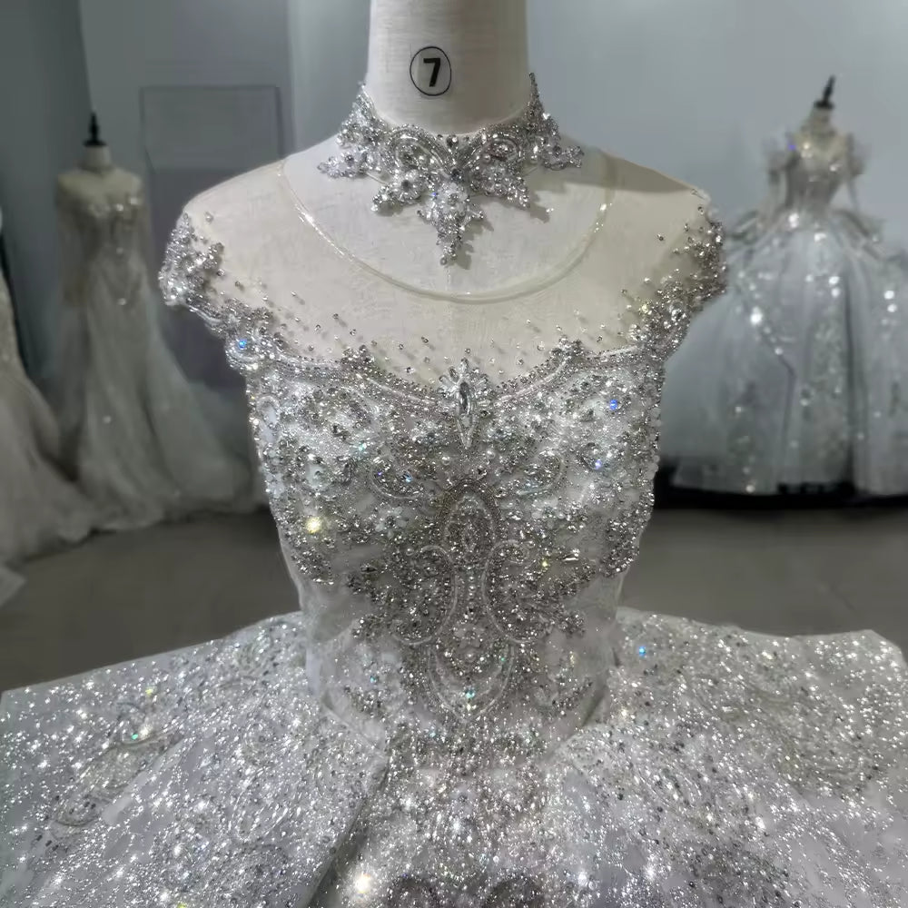 TW161 Vestido Casamento 2025 Cap Sleeve O-Neck Lace Up Back Wedding Dress Beading Sequined Star Crystal Ball Gown Luxury Bridal Dress