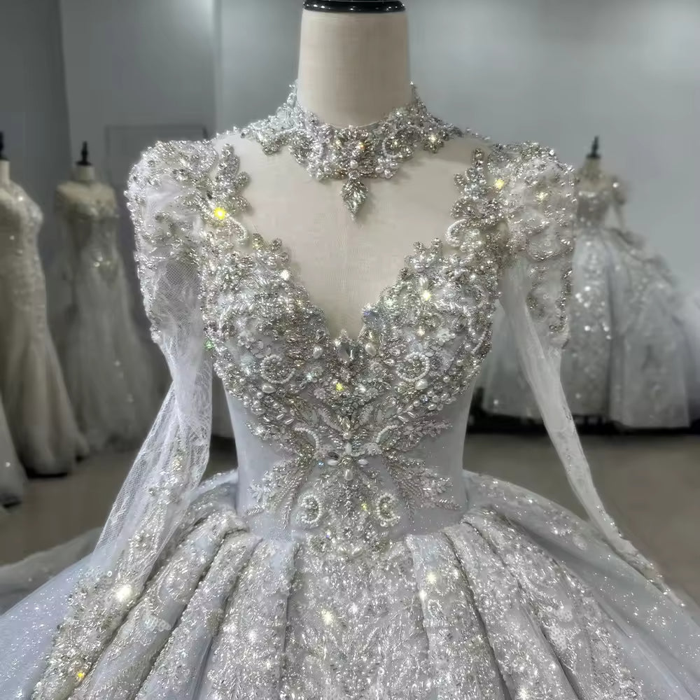 TW155 Blue Wedding Gowns For Brides Long Sleeve High Neck Keyhole Back Wedding Dress Beading Rhinestones Ball Gown Bridal Dress