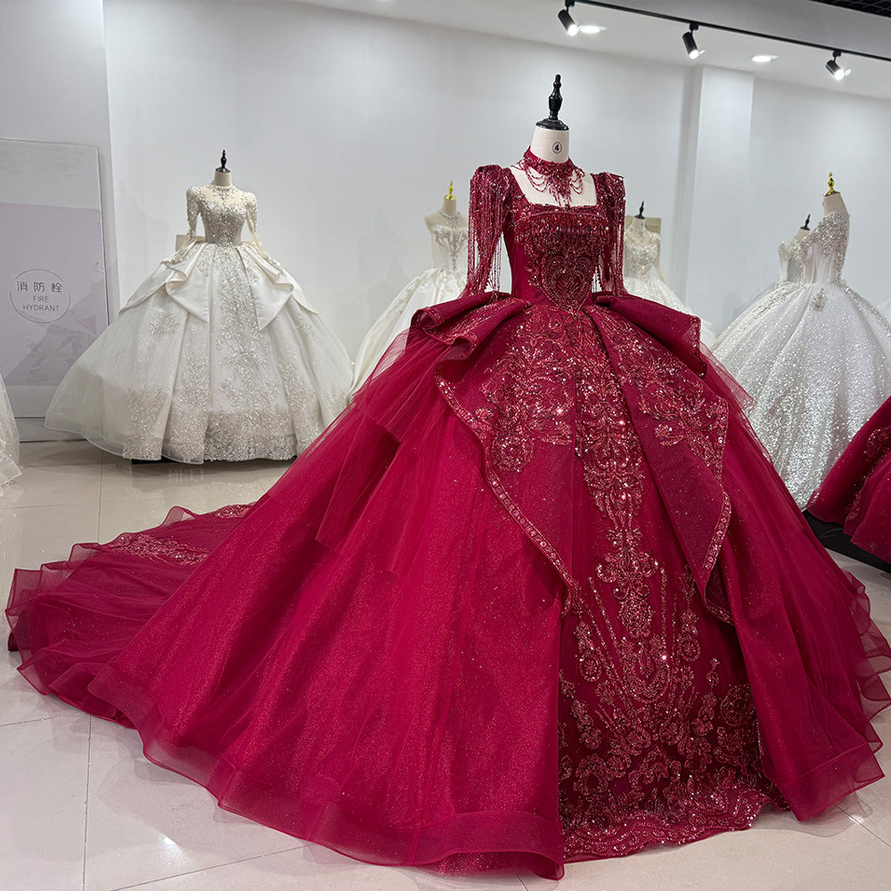 TW014 Lace Long Sleeve Square Callar Evening Dress Crystal Beaded Lace Up Back Red Long Dresses For Special Occasions