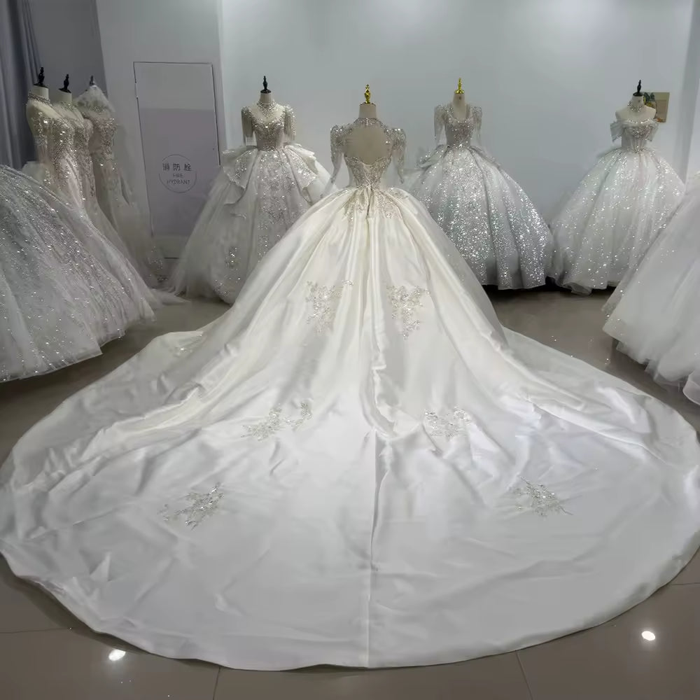 TW101 Satin Wedding Dress High Long sleeve Lace Up Back Customized Wedding Dress Beading Crystal 2025 New Bride Wedding Dresses