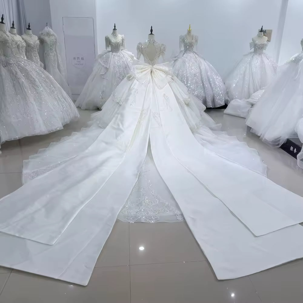 TW111 Vestido Noiva Casamento Civil Long Sleeve High Neck Wedding Dress Lace Up Back Ball Gown Tiered Beading Bow Bridal Dress