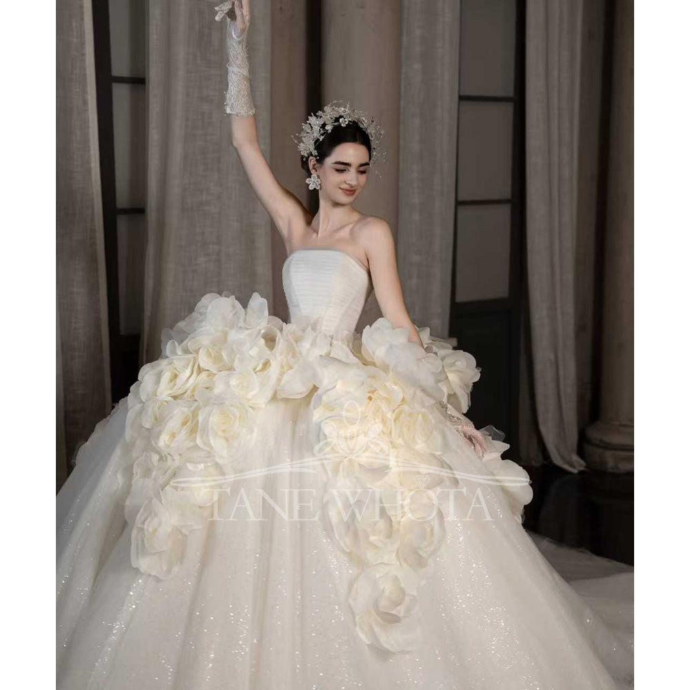 TW547 Luxury Strapless Wedding Dress 3D Flower Ball Gown Customized Civil Ceremony Bridal Gown Elegant White Wedding Dress