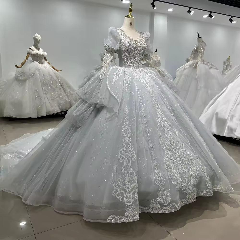 TW187 White Dress Bridal V-Neck Long Or Half Sleeve Wedding Dress Lace Up Back Beading Crystal Embroidery Ball Gown Bridal Dress