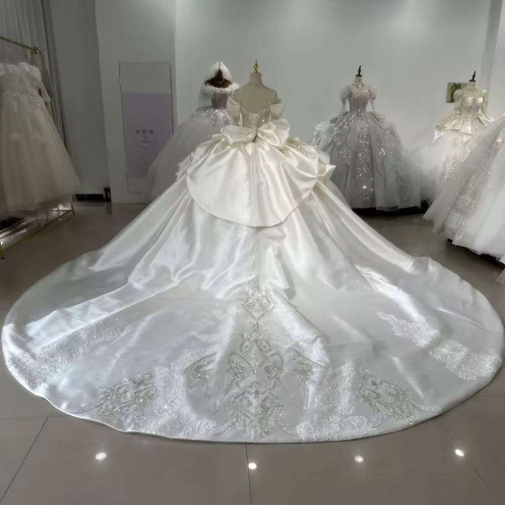 TW171 Robe De Mariée Civil Three Quarter Sleeve High Lace Up Back Bow Wedding Dress Beading Sequined Crystal Ball Gown Bridal Dress