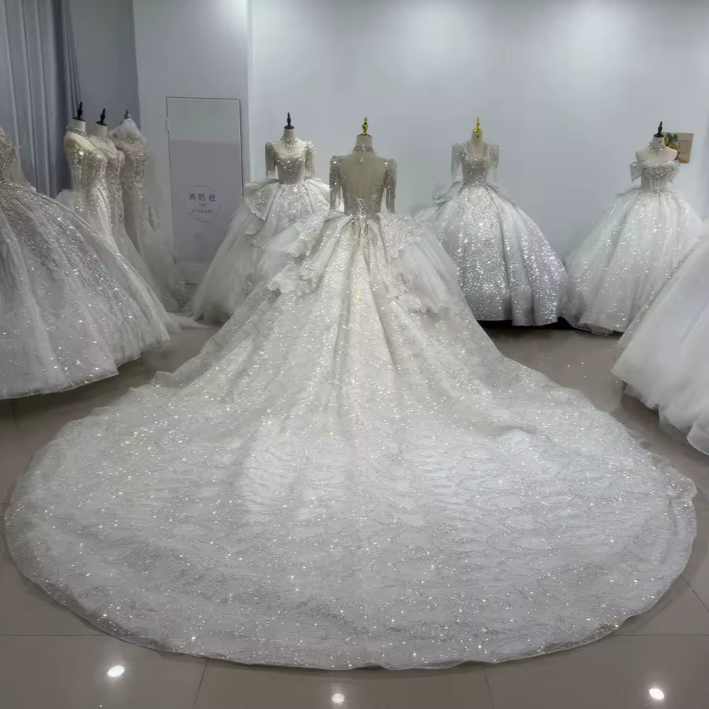 TW109 düğün elbisesi Short Sleeve O-Neck Wedding Dress Lace Up Back Beading Crystal Embroidery Sequined Ball Gown Bridal Dress