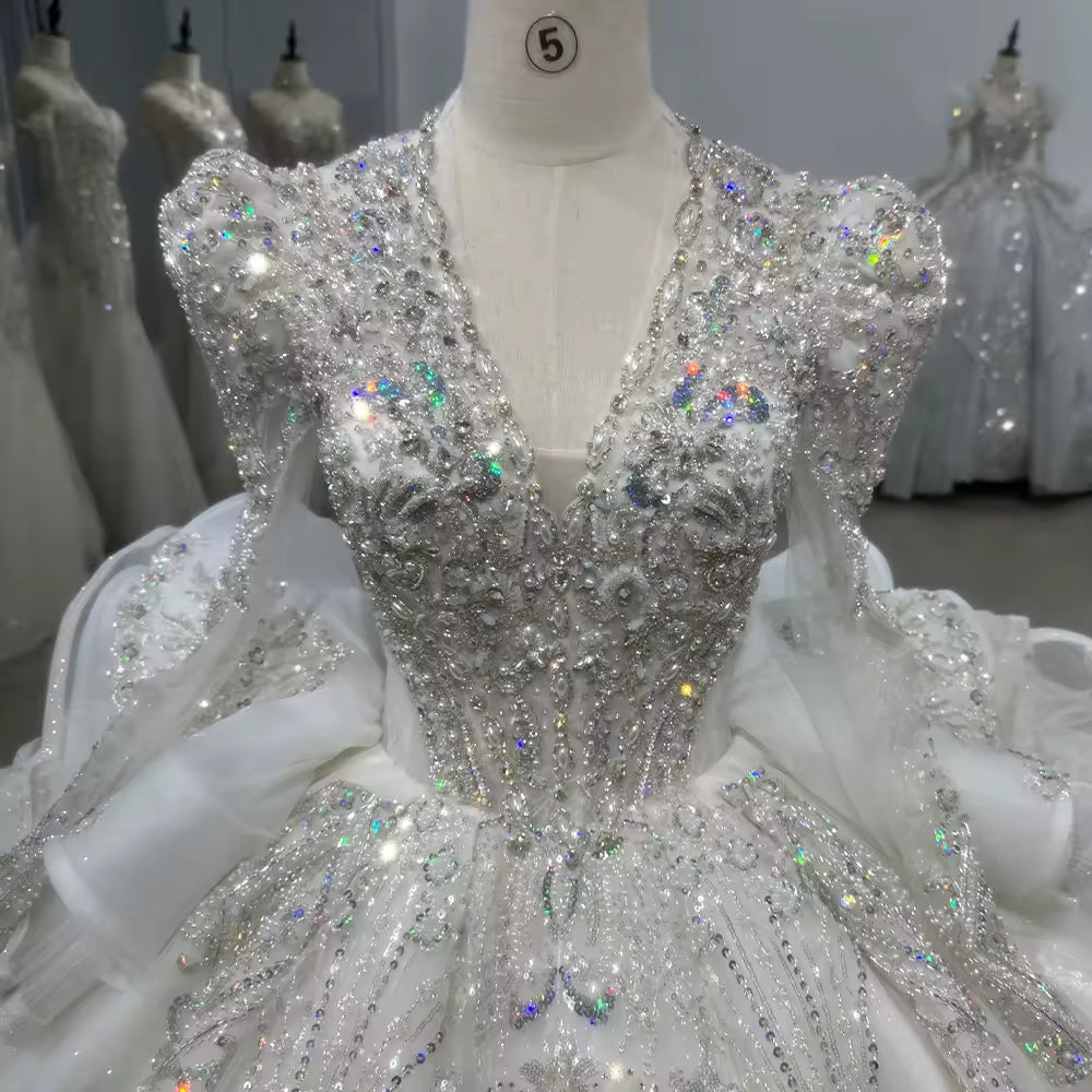 TW105 Robes De Mariée Sur Mesure Long Sleeve V-Neck Wedding Dress Lace Up Back Ball Gown Sequined Beading Bridal Dress