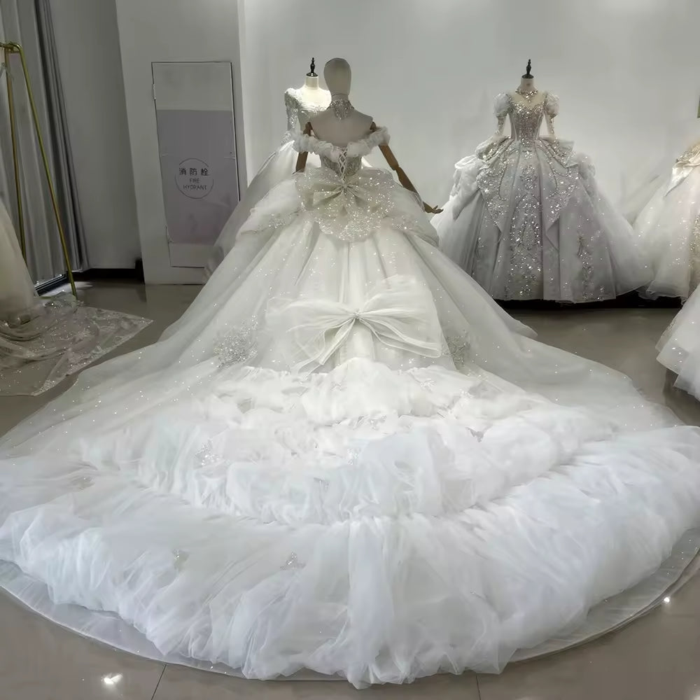 TW163 Abito Da Sposa 2025 Off Shoulder Sweetheart Lace Up Back Bow Wedding Dress Beading Sequined Star Crystal Ball Gown Bridal Dress