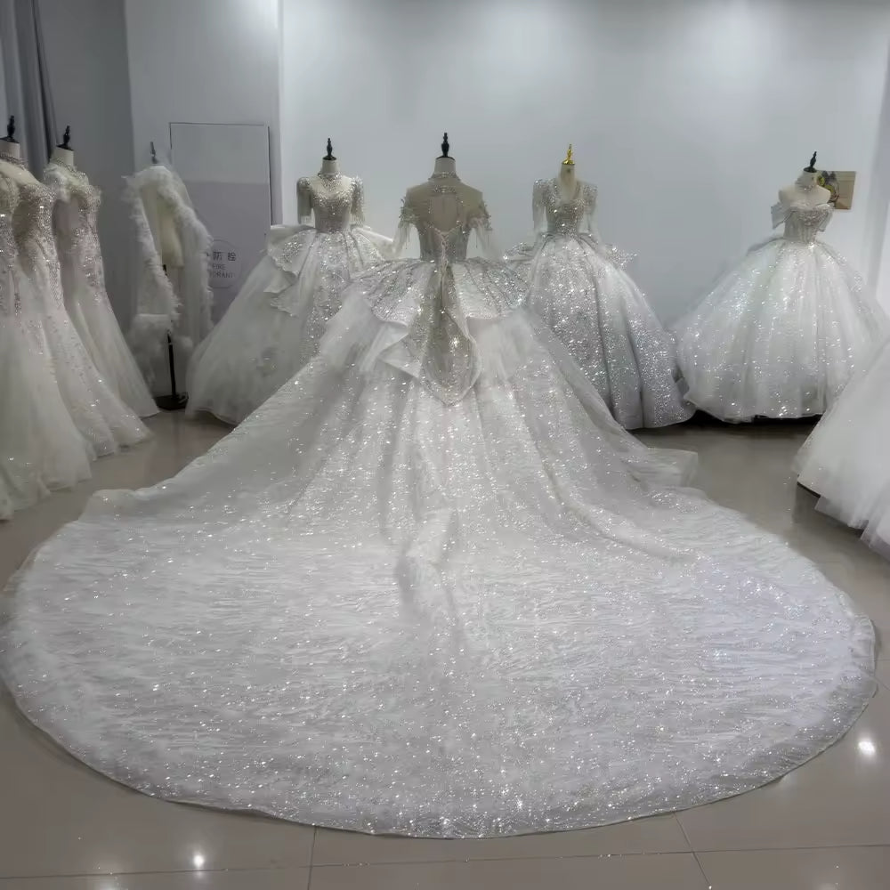 TW102 Robes De Mariage 2025 Long Sleeve O Neck Wedding Dress Lace Up Keyhole Back Ball Gown Beading Crystal Bridal Dress