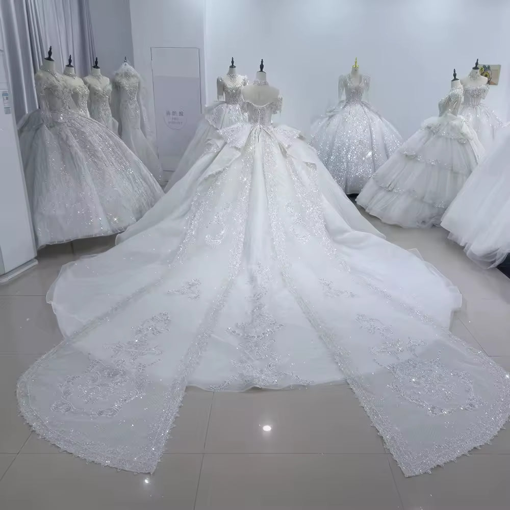 TW110 Off White Wedding Dress Off The Shoulder Lace Up Back Sequined Beading Embroidery Ball Gown Bridal Dress