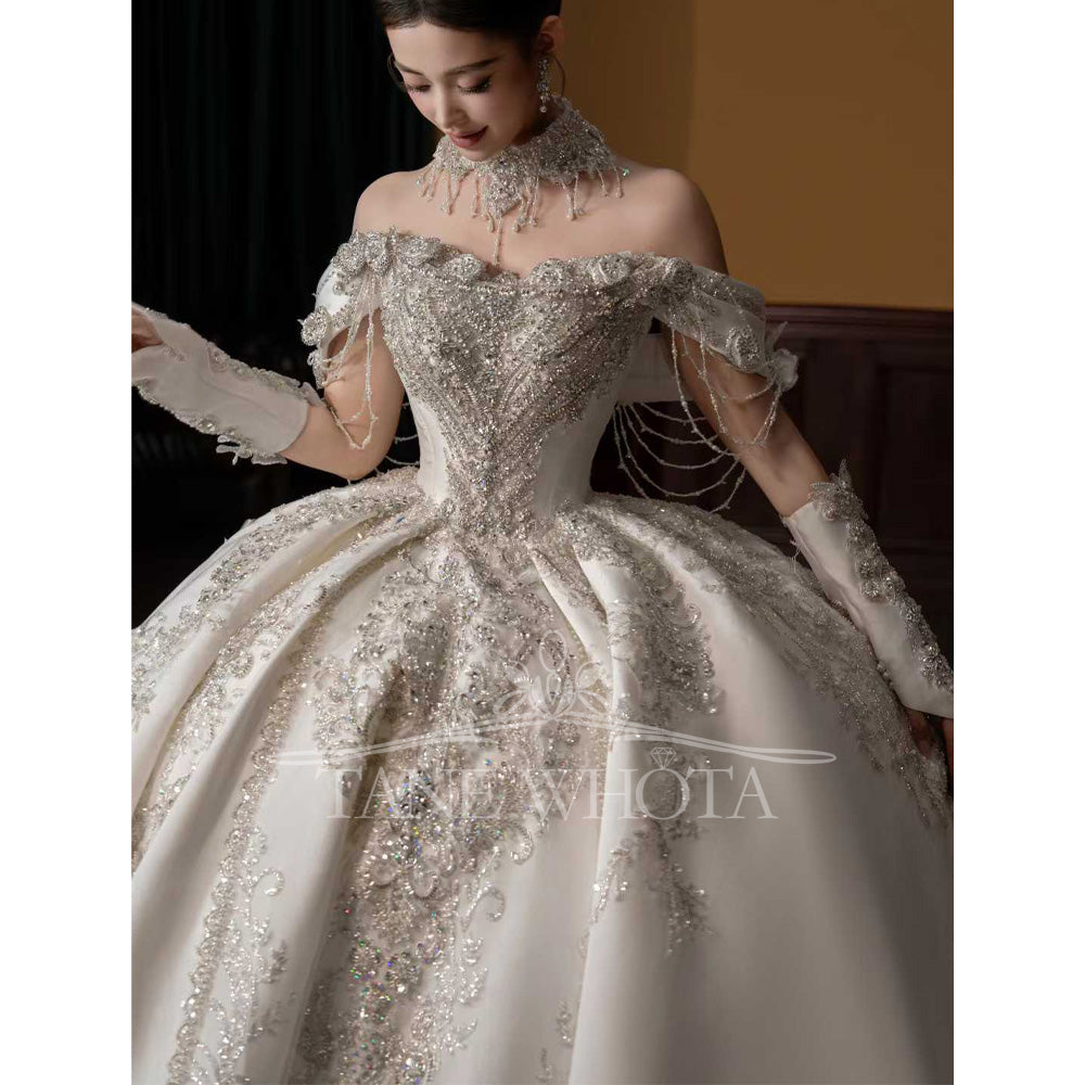 TW672 Sweetheart Off-Shoulder Beaded Sequined Ball Gown Wedding Dress - Customizable Sexy Bridal Gown