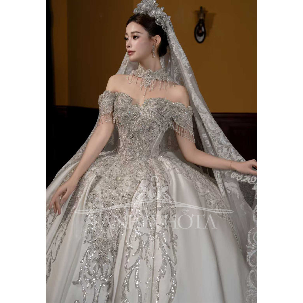 TW671 Customized Sweetheart Off-Shoulder Beaded Sequined Ball Gown Wedding Dress Elegant Floor-Length Bridal Gown