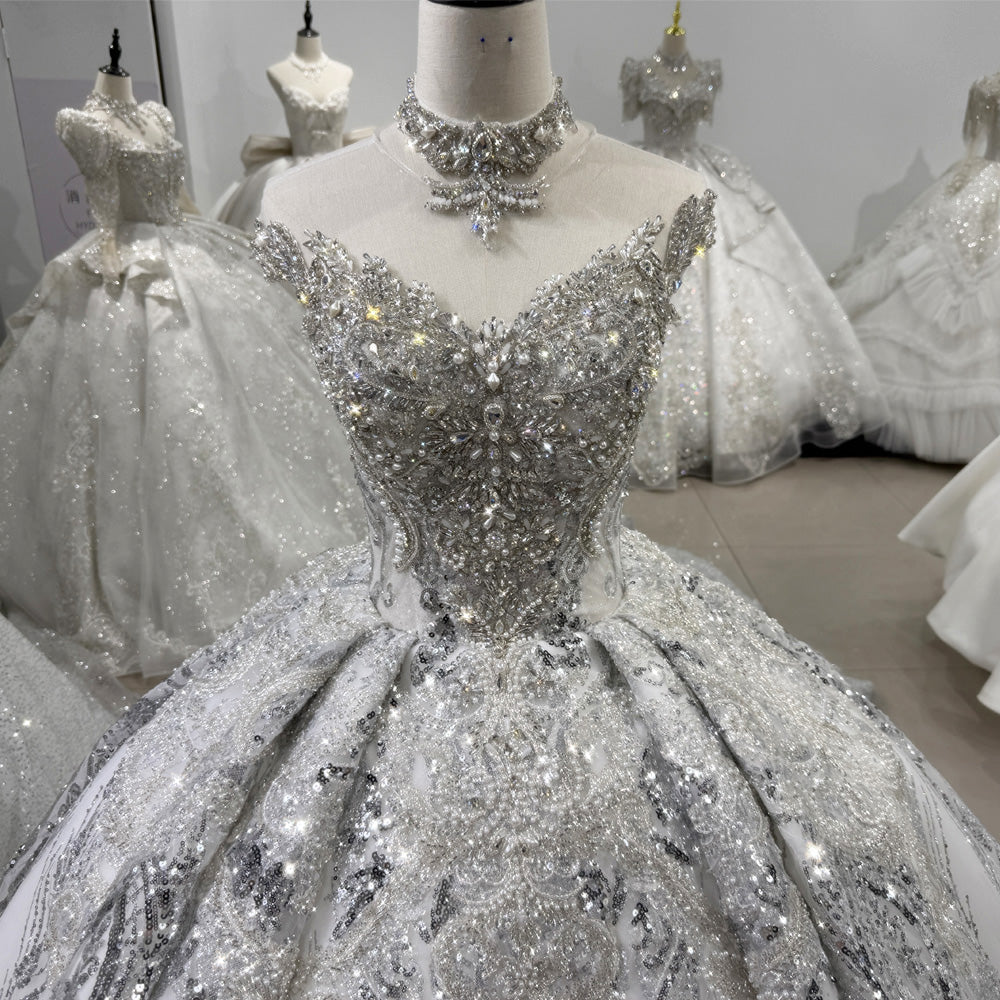 TW129 Luxury Silver Wedding Dress O-Neck Lace Up Keyhole Back Beading Crystal Embroidery Ball Gown Bridal Dress