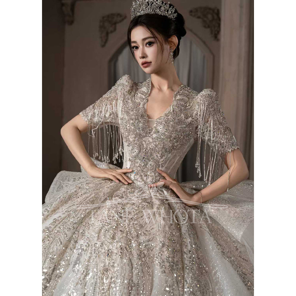 TW674 Sexy Scalloped Short Sleeve Beaded Sequined Ball Gown Wedding Dress Civil Ceremony Robe Customized Mariée