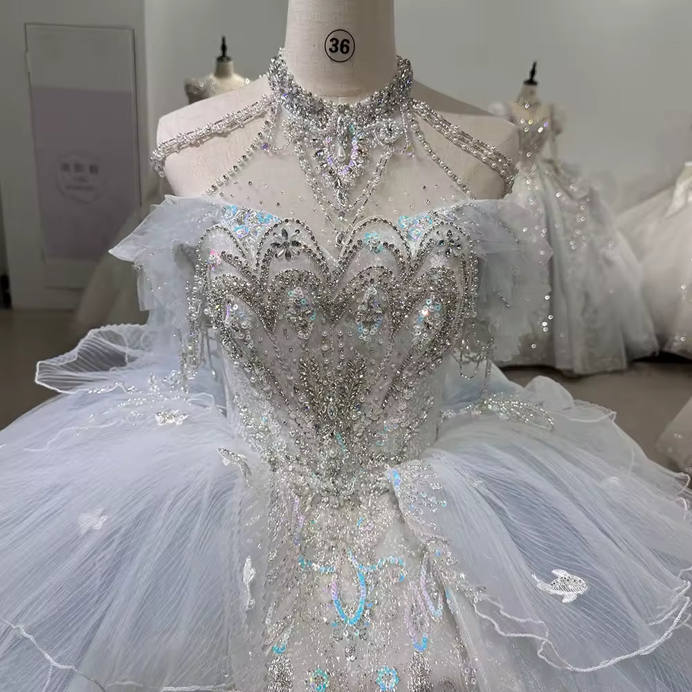 TW175 Vestido De Bodas Novia Blue Ball Gown Beading Sequined Wedding Dress Halter Off Shoulder Lace Up Back Wedding Dress