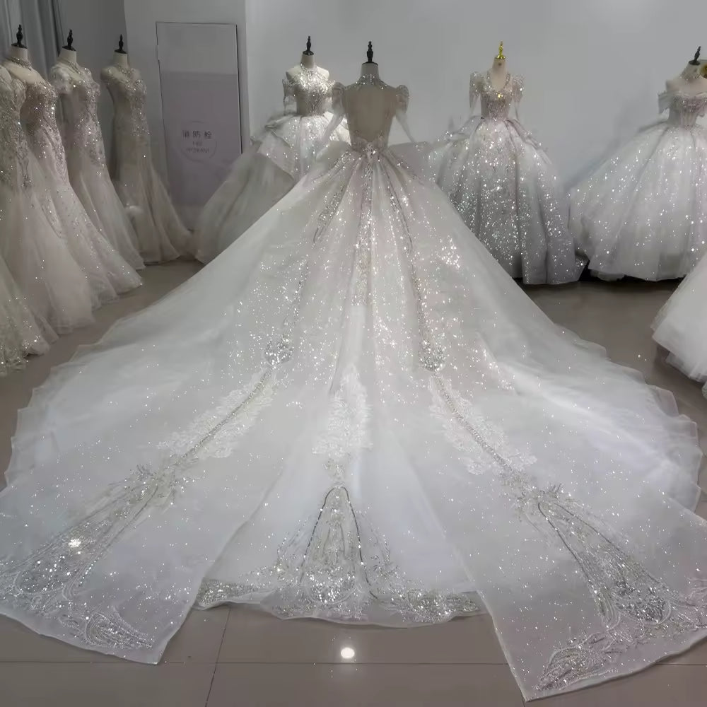 TW103 Vestido De Noiva Casamento Princesa Long Sleeve V-Neck Wedding Dress Lace Up Back Ball Gown Beading Crystal Bridal Dress