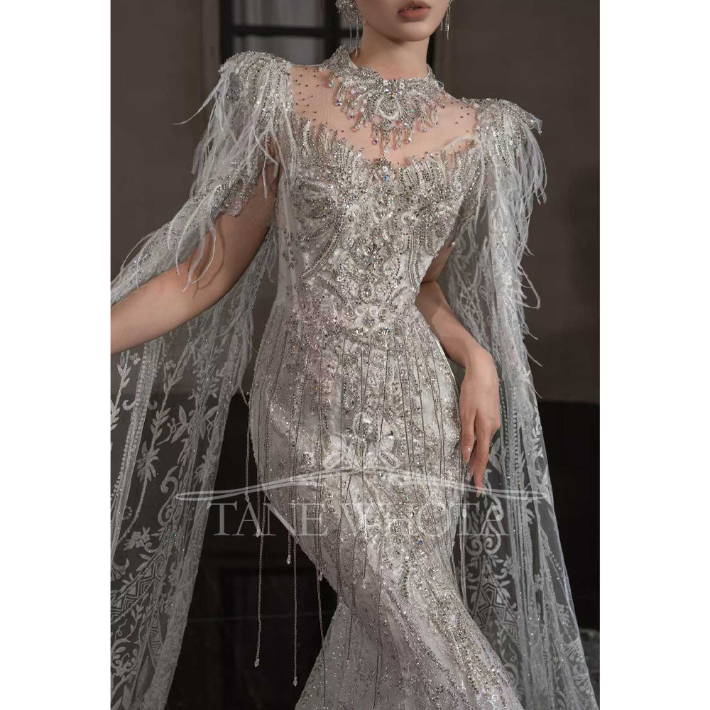 TW661 Sexy O-Neck Cap Sleeve Wedding Dress Lace-Up Keyhole Back Sequined Tassel Feathers Customized Sheath Gown For Women