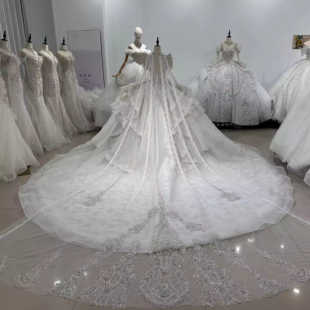 TW149 Vestido De Casamento Noiva Long Sleeve Scalloped V Neck Wedding Dress Lace Up Back Beading Crystal Ball Gown Bridal Dress