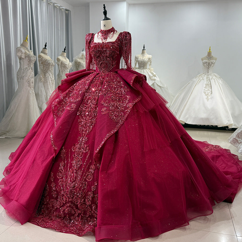 TW014 Lace Long Sleeve Square Callar Evening Dress Crystal Beaded Lace Up Back Red Long Dresses For Special Occasions