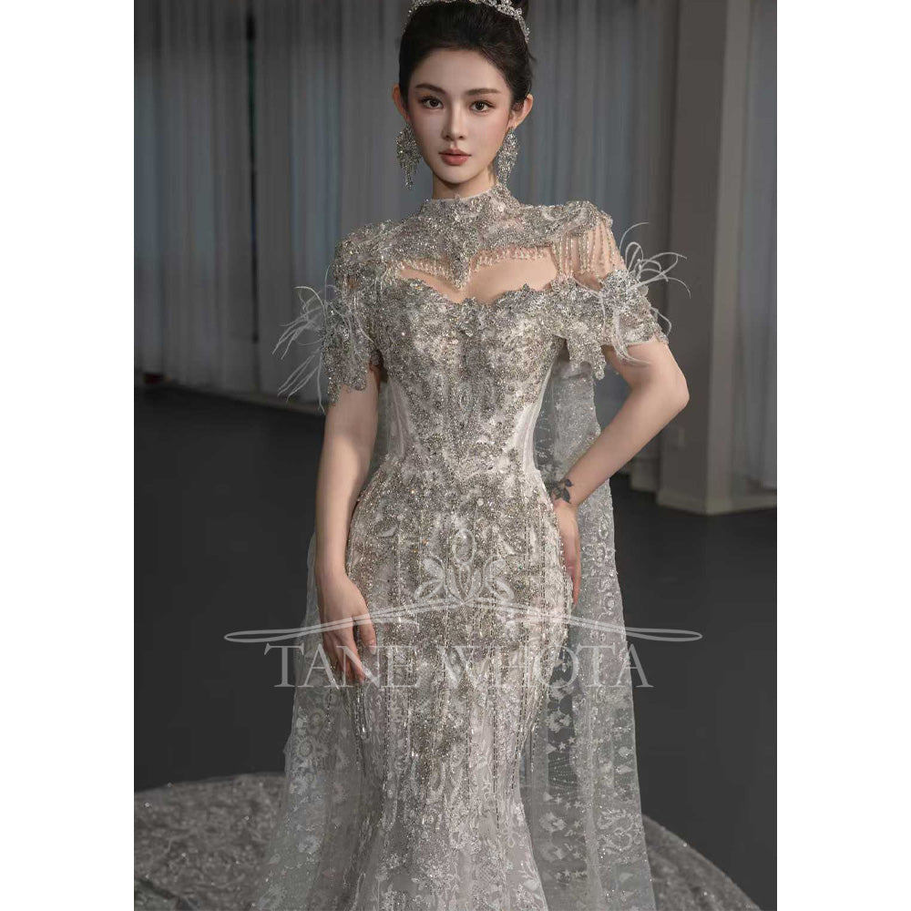 TW668 Customizable Halter Off-Shoulder Sequined Beaded Crystal Sheath Wedding Dress Luxury Bridal Gown