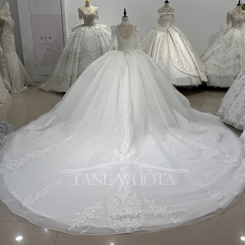 TW532 Scalloped Long Sleeve Beaded Bridal Wedding Dress Lace-Up Back Customized Ball Gown For Women Vestido De Noiva