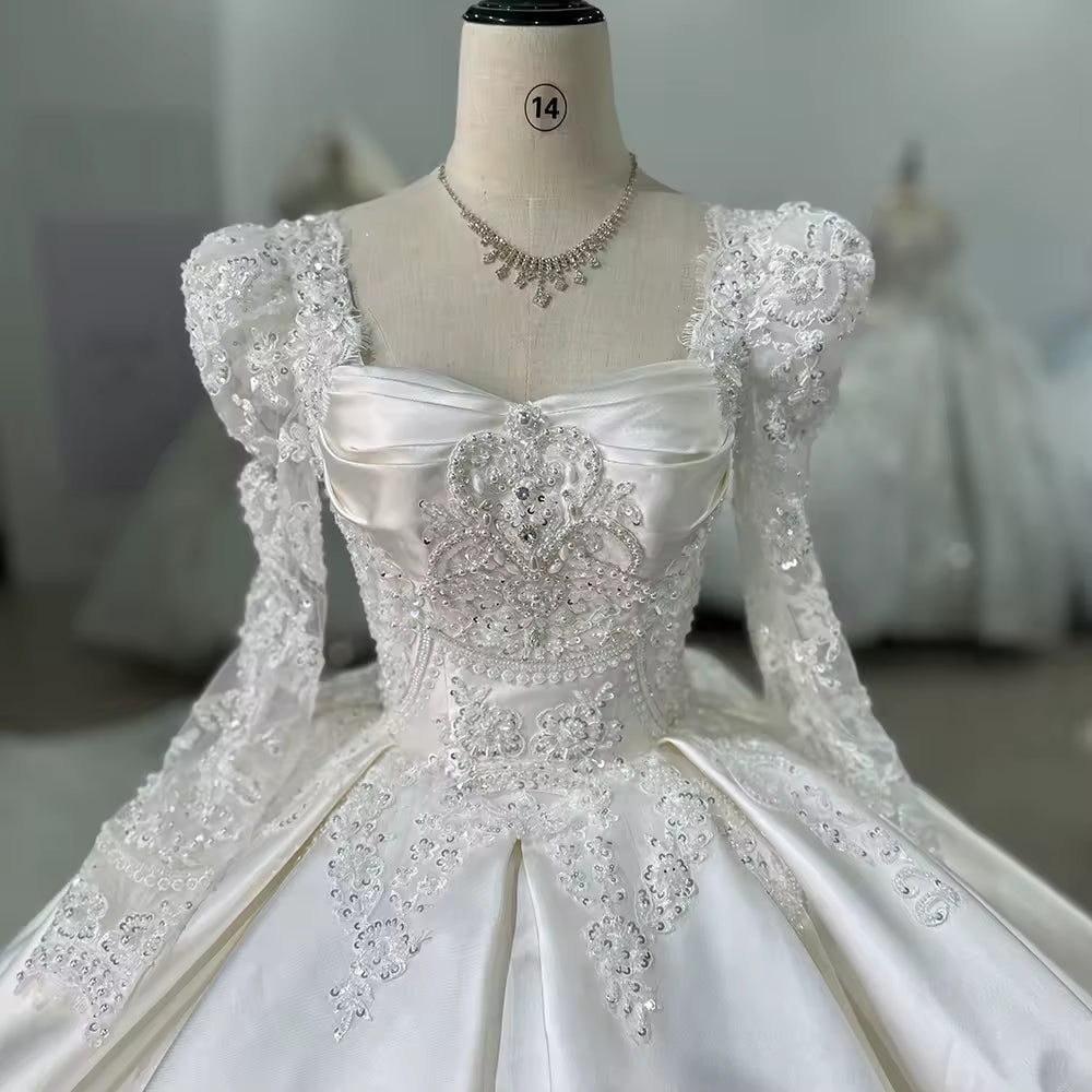 TW138 Square Collar Long Sleeve Lace Up Keyhole Back Wedding Dress Appliques Beading Satin Luxury Bridal