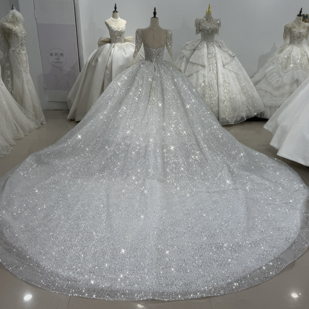 TW127 Vestidos De Noiva Casamento Long Sleeve O-Neck Keyhole Back Wedding Dress Beading Sequins Crystal Ball Gown Siver Bridal Dress