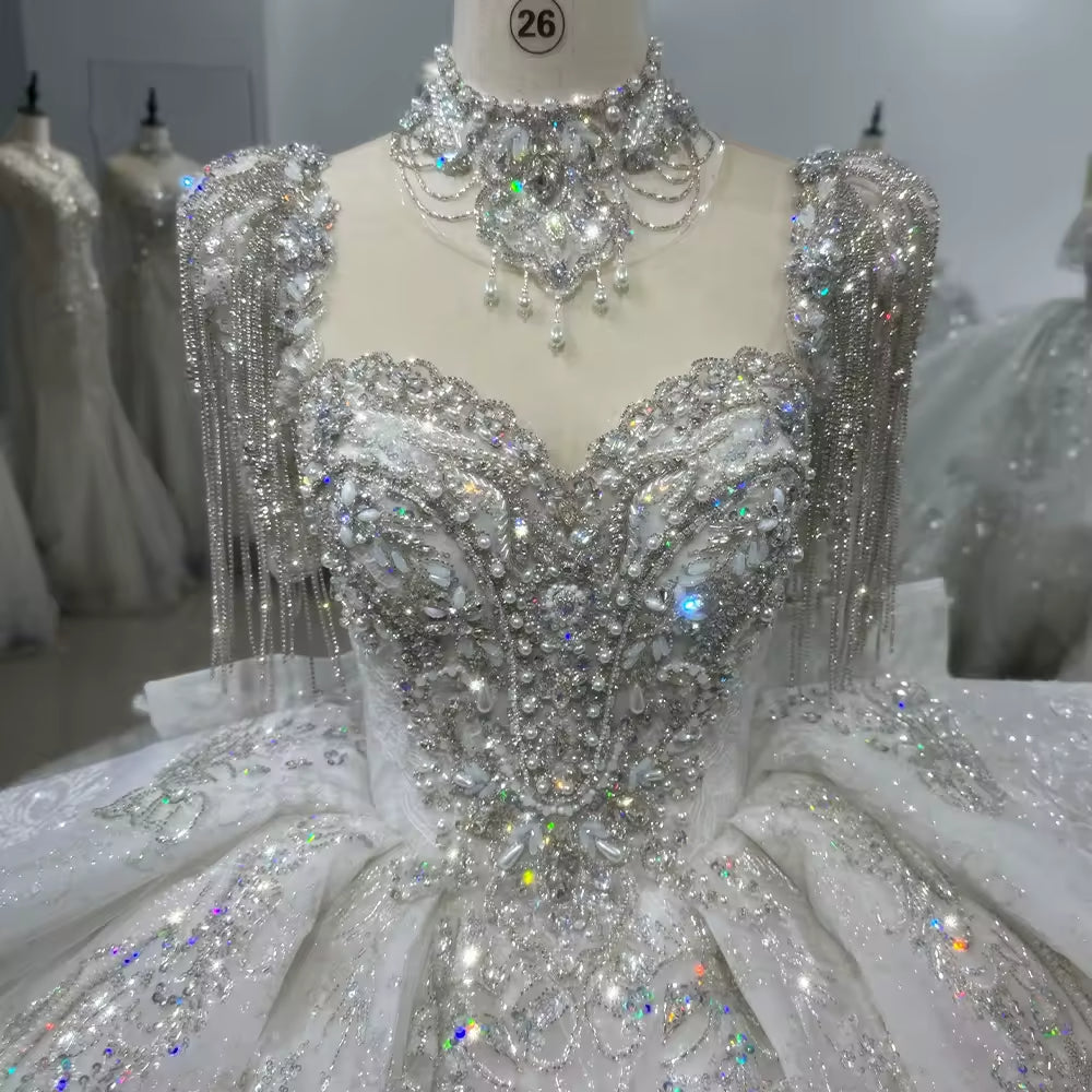 TW106 Bridal Dresses Short Sleeve O neck Wedding Dress Lace Up Back Ball Gown Bow Tassel Beading Crystal Embroidery Bridal Dress