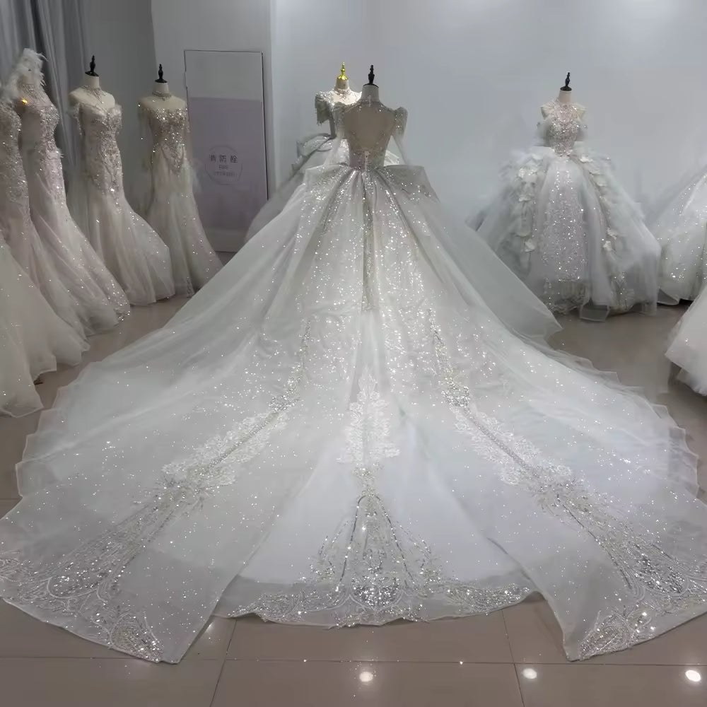 TW147 Weddings Dress 2025 Long Sleeve V-Neck Wedding Dress Lace Up Keyhole Back Beading Crystal Shiny Ball Gown Bridal Dress